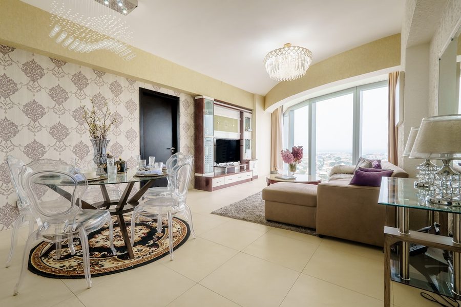 Elegant living and dining room with crystal chandelier at Aeon Towers, Davao City